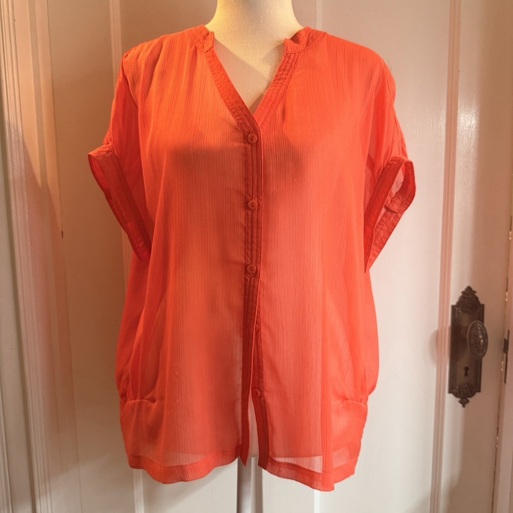 Willi Smith Womens Size L Semi-Sheer Coral Pink Button Up Short Sleeve Blouse